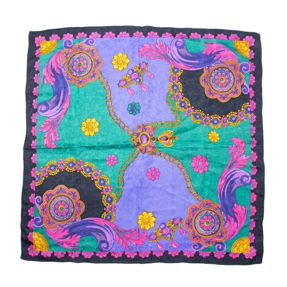 Vintage Vibrant Multicolor 100% Silk Scarf With Ornate Baroque Floral Chain Desi